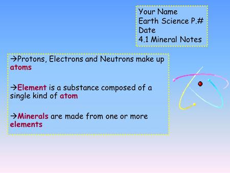  Protons, Electrons and Neutrons make up atoms  Element is a substance composed of a single kind of atom  Minerals are made from one or more elements.