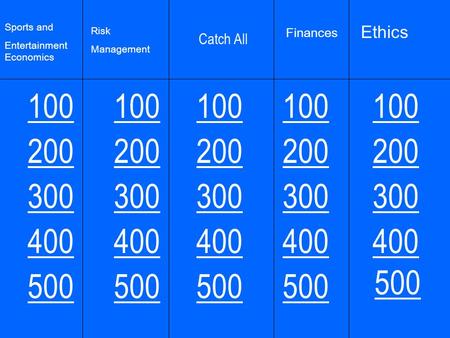 100 200 300 400 500 Catch All Sports and Entertainment Economics Risk Management Finances Ethics 500.