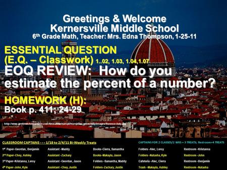 Greetings & Welcome Kernersville Middle School 6 th Grade Math, Teacher: Mrs. Edna Thompson, 1-25-11 ESSENTIAL QUESTION (E.Q. – Classwork) 1..02, 1.03,