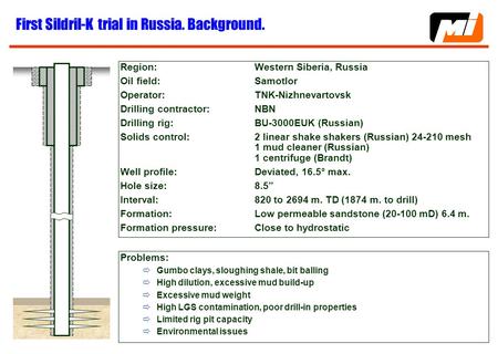 First Sildril-K trial in Russia. Background. Region:Western Siberia, Russia Oil field:Samotlor Operator:TNK-Nizhnevartovsk Drilling contractor:NBN Drilling.