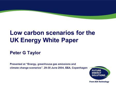 Low carbon scenarios for the UK Energy White Paper Peter G Taylor Presented at “Energy, greenhouse gas emissions and climate change scenarios”. 29-30 June.