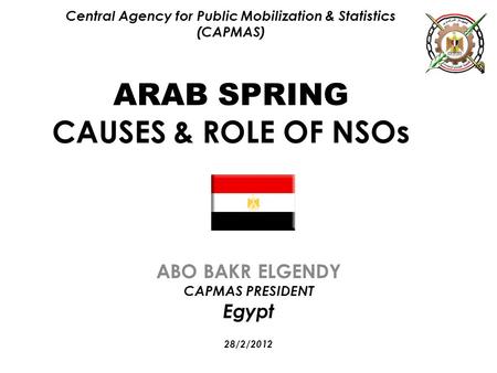 Central Agency for Public Mobilization & Statistics (CAPMAS) ARAB SPRING CAUSES & ROLE OF NSOs ABO BAKR ELGENDY CAPMAS PRESIDENT Egypt 28/2/2012.