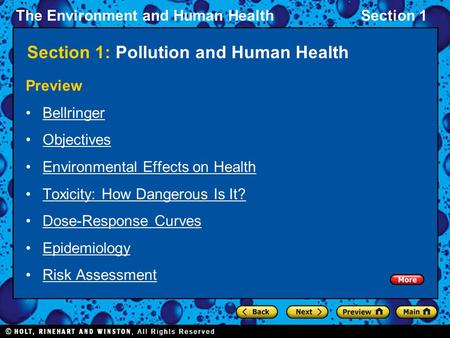The Environment and Human HealthSection 1 Section 1: Pollution and Human Health Preview Bellringer Objectives Environmental Effects on Health Toxicity: