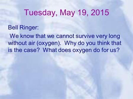 Tuesday, May 19, 2015 Bell Ringer: We know that we cannot survive very long without air (oxygen). Why do you think that is the case? What does oxygen do.