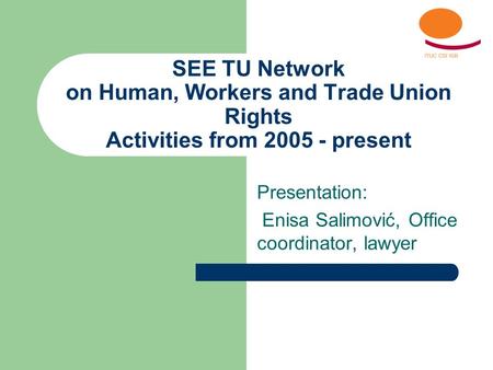 SEE TU Network on Human, Workers and Trade Union Rights Activities from 2005 - present Presentation: Enisa Salimović, Office coordinator, lawyer.
