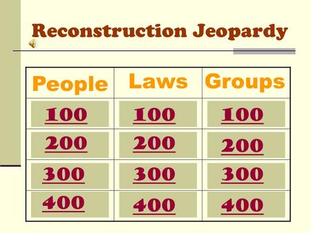 Reconstruction Jeopardy People LawsGroups 100 200 300 400 100 200 300 400 100 200 300 400.