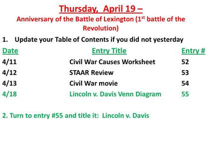 Thursday, April 19 – Anniversary of the Battle of Lexington (1 st battle of the Revolution) 1. Update your Table of Contents if you did not yesterday DateEntry.