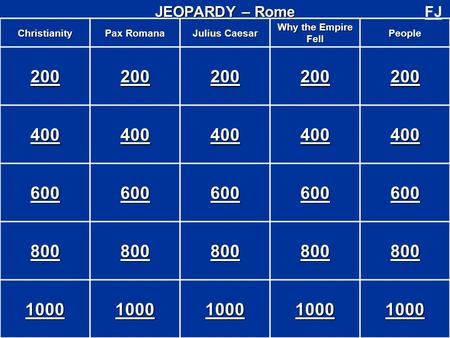 Christianity Pax Romana Julius Caesar Why the Empire Fell People 200 400 600 800 1000 JEOPARDY – Rome FJ.