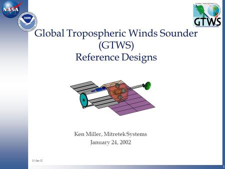 1 Global Tropospheric Winds Sounder (GTWS) Reference Designs Ken Miller, Mitretek Systems January 24, 2002 15-Jan-02.