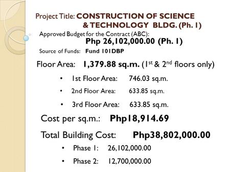 Project Title: CONSTRUCTION OF SCIENCE & TECHNOLOGY BLDG. (Ph. 1) Approved Budget for the Contract (ABC): Php 26,102,000.00 (Ph. 1) Source of Funds:Fund.