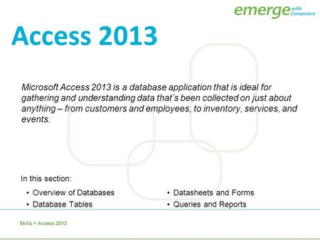 Access 2013 Microsoft Access 2013 is a database application that is ideal for gathering and understanding data that’s been collected on just about anything.