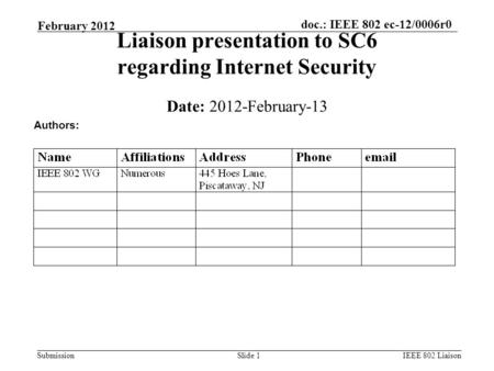 Doc.: IEEE 802 ec-12/0006r0 Submission Liaison presentation to SC6 regarding Internet Security Date: 2012-February-13 Authors: IEEE 802 LiaisonSlide 1.