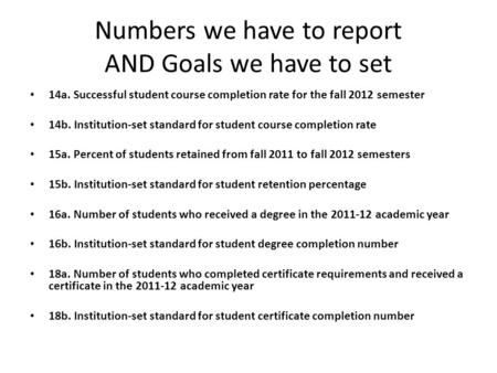 Numbers we have to report AND Goals we have to set 14a. Successful student course completion rate for the fall 2012 semester 14b. Institution-set standard.