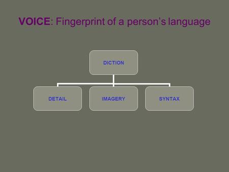 VOICE: Fingerprint of a person’s language DICTION DETAILIMAGERYSYNTAX.