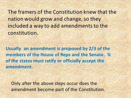 The framers of the Constitution knew that the nation would grow and change, so they included a way to add amendments to the constitution. Usually an amendment.