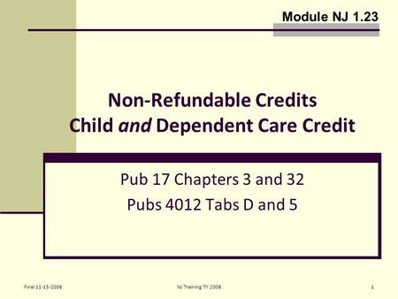 Final 11-15-2008NJ Training TY 20081 Non-Refundable Credits Child and Dependent Care Credit Pub 17 Chapters 3 and 32 Pubs 4012 Tabs D and 5 Module NJ 1.23.