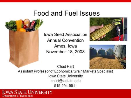 Department of Economics Food and Fuel Issues Iowa Seed Association Annual Convention Ames, Iowa November 18, 2008 Chad Hart Assistant Professor of Economics/Grain.