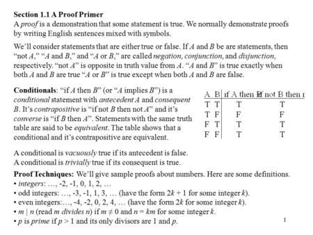 1 Section 1.1 A Proof Primer A proof is a demonstration that some statement is true. We normally demonstrate proofs by writing English sentences mixed.