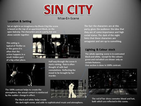 Set at night in an imaginary city (Basin City) the scene is based on the top of an apartment block, on the open balcony. The characters are at a party,