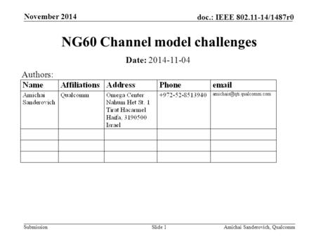 Submission doc.: IEEE 802.11-14/1487r0 November 2014 Amichai Sanderovich, QualcommSlide 1 NG60 Channel model challenges Date: 2014-11-04 Authors: