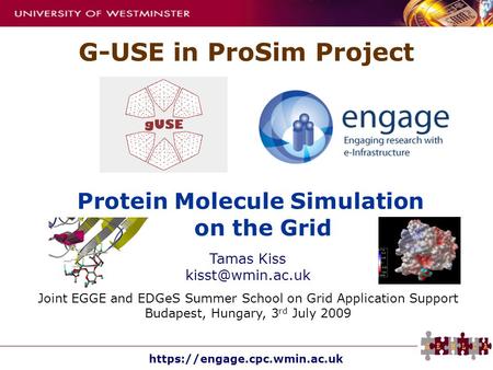 Https://engage.cpc.wmin.ac.uk Protein Molecule Simulation on the Grid G-USE in ProSim Project Tamas Kiss Joint EGGE and EDGeS Summer School.