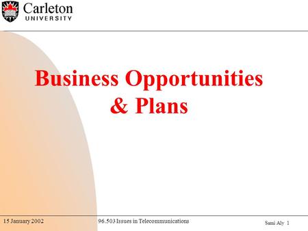 Sami Aly 1 96.503 Issues in Telecommunications15 January 2002 Business Opportunities & Plans.