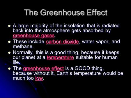 The Greenhouse Effect A large majority of the insolation that is radiated back into the atmosphere gets absorbed by greenhouse gases. A large majority.