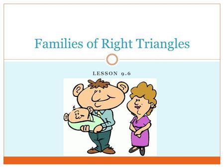 LESSON 9.6 Families of Right Triangles. Pythagorean Triples Whole number combinations that satisfy the Pythagorean Theorem. (Uses multiples.) These triples.