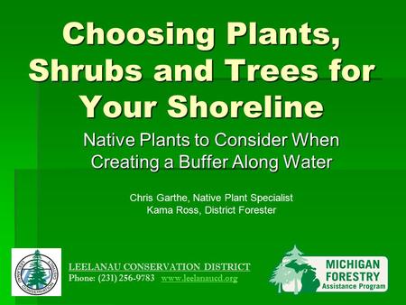 Choosing Plants, Shrubs and Trees for Your Shoreline Native Plants to Consider When Creating a Buffer Along Water Chris Garthe, Native Plant Specialist.