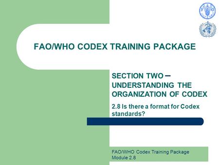 FAO/WHO Codex Training Package Module 2.8 FAO/WHO CODEX TRAINING PACKAGE SECTION TWO – UNDERSTANDING THE ORGANIZATION OF CODEX 2.8 Is there a format for.