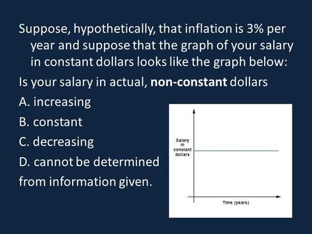 Suppose, hypothetically, that inflation is 3% per year and suppose that the graph of your salary in constant dollars looks like the graph below: Is your.