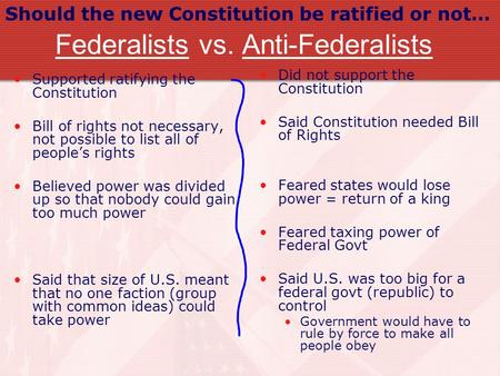 Federalists vs. Anti-Federalists Supported ratifying the Constitution Bill of rights not necessary, not possible to list all of people’s rights Believed.