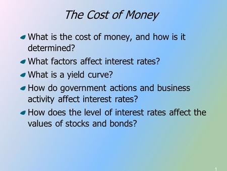 1 What is the cost of money, and how is it determined? What factors affect interest rates? What is a yield curve? How do government actions and business.