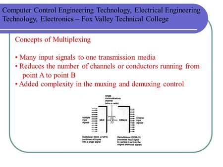 Concepts of Multiplexing Many input signals to one transmission media Reduces the number of channels or conductors running from point A to point B Added.