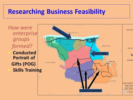 Researching Business Feasibility How were enterprise groups formed?  Conducted Portrait of Gifts (POG)  Skills Training Young people Upland women.