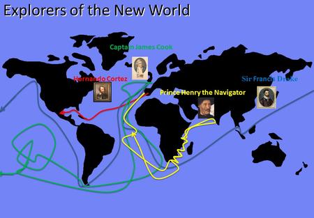 Explorers of the New World Hernando Cortez Sir Francis Drake Captain James Cook Prince Henry the Navigator.