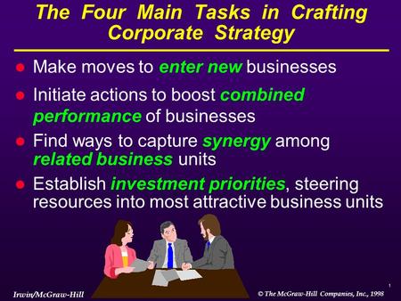 1 © The McGraw-Hill Companies, Inc., 1998 Irwin/McGraw-Hill The Four Main Tasks in Crafting Corporate Strategy l Make moves to enter new businesses l Initiate.