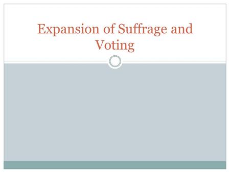 Expansion of Suffrage and Voting. Suffrage / Franchise Suffrage—The right to vote, especially in a political election  1350-1400—Middle English from.