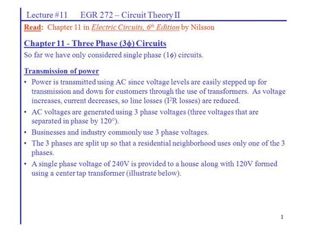 Lecture #11 EGR 272 – Circuit Theory II