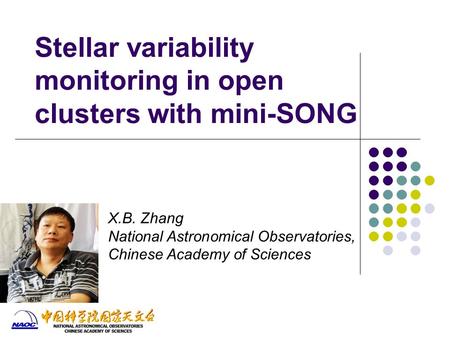 Stellar variability monitoring in open clusters with mini-SONG X.B. Zhang National Astronomical Observatories, Chinese Academy of Sciences.