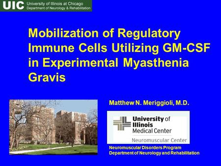 Mobilization of Regulatory Immune Cells Utilizing GM-CSF in Experimental Myasthenia Gravis Matthew N. Meriggioli, M.D. Neuromuscular Disorders Program.