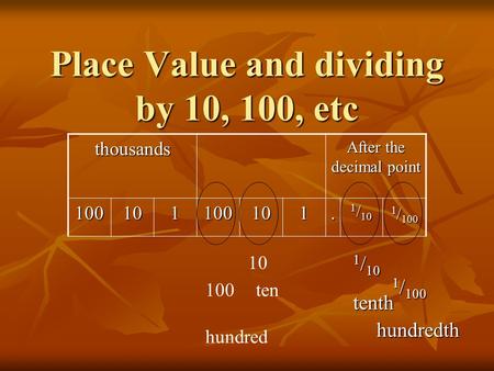 Place Value and dividing by 10, 100, etc