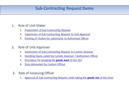 Sub-Contracting Request Demo 1.Role of Unit Maker 1.Preparation of Sub-Contracting RequestPreparation of Sub-Contracting Request 2.Submission of Sub-Contracting.
