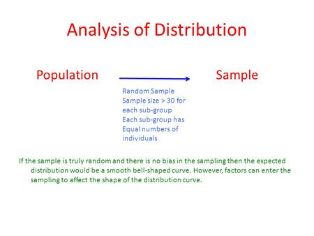 Analysis of Distribution If the sample is truly random and there is no bias in the sampling then the expected distribution would be a smooth bell-shaped.
