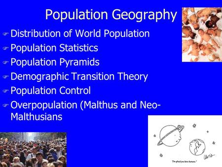 Population Geography F Distribution of World Population F Population Statistics F Population Pyramids F Demographic Transition Theory F Population Control.