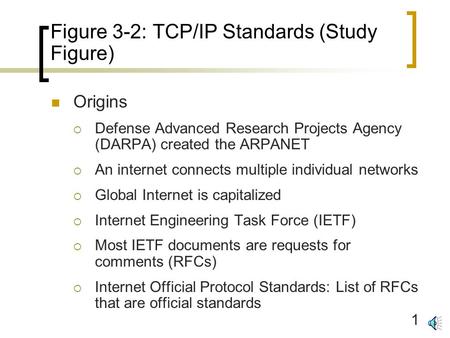 1 Figure 3-2: TCP/IP Standards (Study Figure) Origins  Defense Advanced Research Projects Agency (DARPA) created the ARPANET  An internet connects multiple.