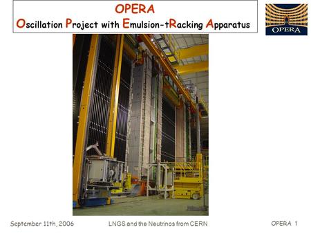 September 11th, 2006LNGS and the Neutrinos from CERN OPERA 1 OPERA O scillation P roject with E mulsion-t R acking A pparatus.
