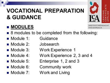 VOCATIONAL PREPARATION & GUIDANCE MODULES 8 modules to be completed from the following: Module 1:Guidance Module 2:Jobsearch Module 3:Work Experience 1.