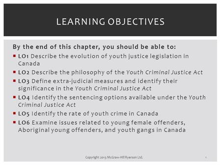 By the end of this chapter, you should be able to:  LO1 Describe the evolution of youth justice legislation in Canada  LO2 Describe the philosophy of.