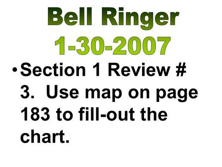 Section 1 Review # 3. Use map on page 183 to fill-out the chart.